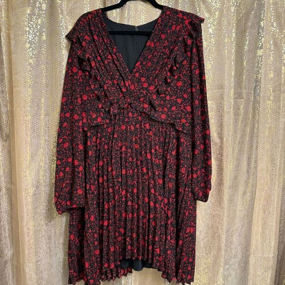 Express Black Red Rose Floral Pleated Long Sleeve V Neck Dress XL - Picture 1 of 11